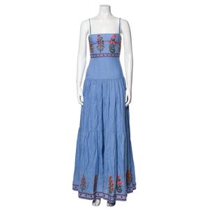 Agua by Agua Bendita Lima Light Blue Floral Linen Embroidered Long Maxi Dress XS